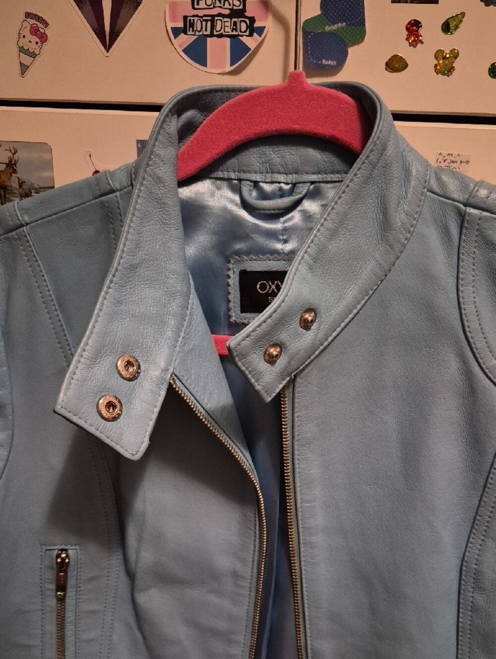 Y2K OXYHO Light Blue Real Leather Moto Jacket - Picture 4 of 6